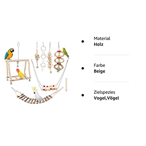 TAECOOOL 8-teiliges Holzpapageienspielzeug, Papageienvogelkauen Naturholz Hängende Glocke Vogelkäfig Schaukelspielzeug Geeignet für Nymphensittich, Finken, kleine Sittiche, Wellensittich