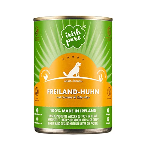 Hundefutter |Irish Pure Premium Nassfutter für Hunde | 12x 390g | Freiland-Huhn | Vitamine | Getreidefrei | Sensitiv | mit Superfood Kelp-Alge | Nassfutter für alle Rassen