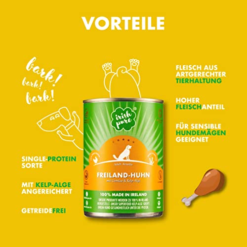 Hundefutter |Irish Pure Premium Nassfutter für Hunde | 12x 390g | Freiland-Huhn | Vitamine | Getreidefrei | Sensitiv | mit Superfood Kelp-Alge | Nassfutter für alle Rassen