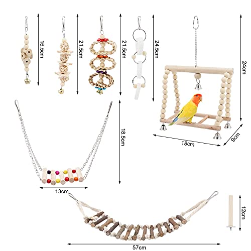 TAECOOOL 8-teiliges Holzpapageienspielzeug, Papageienvogelkauen Naturholz Hängende Glocke Vogelkäfig Schaukelspielzeug Geeignet für Nymphensittich, Finken, kleine Sittiche, Wellensittich