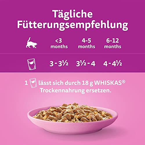 Whiskas Junior Katzennassfutter Geflügel Auswahl in Gelee, 84 Portionsbeutel, 84x85g (1 Großpackung) – Hochwertiges Katzenfutter nass, für heranwachsende Katzen von 2 bis 12 Monaten