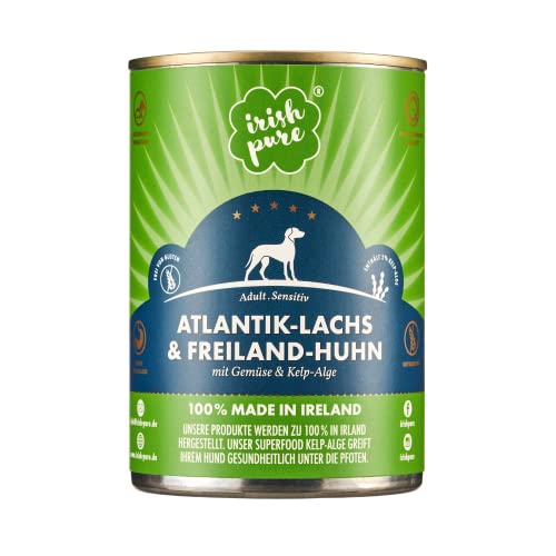 Irish Pure Premium Nassfutter für Hunde | 12x 390g | Atlantik-Lachs | Vitamine | Getreidefrei | Sensitiv | mit Superfood Kelp-Alge | Nassfutter für alle Rassen