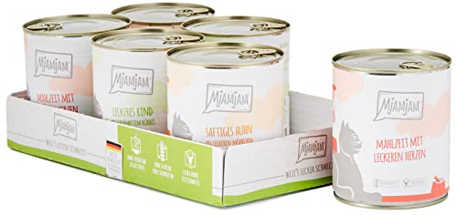 MjAMjAM - Premium Nassfutter für Katzen - Mixpaket I - Huhn, Rind, Herzen, 6er Pack (6 x 800g), getreidefrei mit extra viel Fleisch