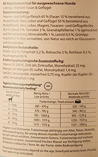 GranataPet Liebling's Mahlzeit Fasan & Geflügel, 6 x 800 g, Nassfutter für Hunde, Hundefutter ohne Getreide & ohne Zuckerzusätze, Alleinfuttermittel mit hohem Fleischanteil & hochwertigen Ölen