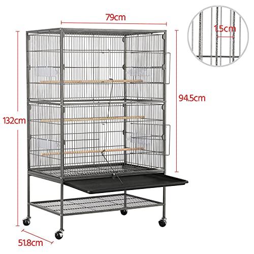 Yaheetech Vogelvoliere großer Vogelkäfig mit 2 Türen Vogelhaus mit Holzstangen und 4 Rollen mit schmutzwanneneinsatz 52 x 79 x 131 cm