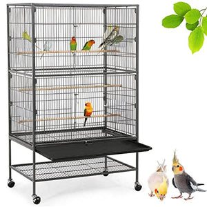 Yaheetech Vogelvoliere großer Vogelkäfig mit 2 Türen Vogelhaus mit Holzstangen und 4 Rollen mit schmutzwanneneinsatz 52 x 79 x 131 cm