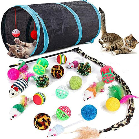 21 Stücke Katzenspielzeug Set Katzentunnel Interaktives Katzen Spielzeug für Kätzchen Federspielzeug Katzenbälle Spielzeugmäuse für Katzen