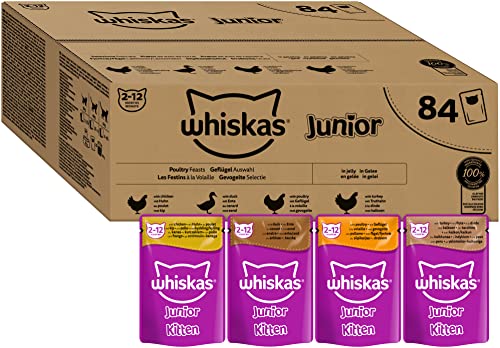 Whiskas Junior Katzennassfutter Geflügel Auswahl in Gelee, 84 Portionsbeutel, 84x85g (1 Großpackung) – Hochwertiges Katzenfutter nass, für heranwachsende Katzen von 2 bis 12 Monaten