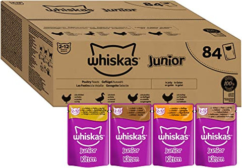 Whiskas Junior Katzennassfutter Geflügel Auswahl in Gelee, 84 Portionsbeutel, 84x85g (1 Großpackung) – Hochwertiges Katzenfutter nass, für heranwachsende Katzen von 2 bis 12 Monaten