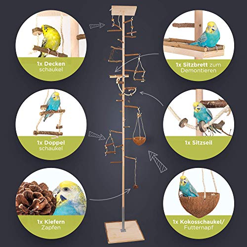 Zimmerhoher Vogel-Kletterbaum 190-192 cm HiFly Medio mit Naturholz-Sitzstangen, Vogel-Spielzeug, Vogelschaukel. Vogelspielplatz, Freiflug Landeplatz für Wellensittich, Nymphensittich & Co.