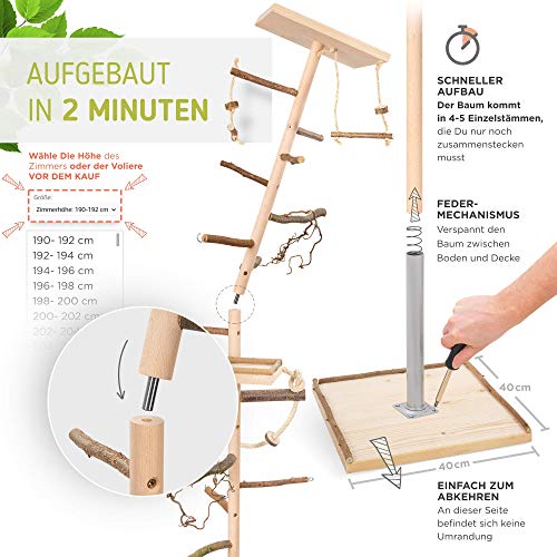 Zimmerhoher Vogel-Kletterbaum 190-192 cm HiFly Medio mit Naturholz-Sitzstangen, Vogel-Spielzeug, Vogelschaukel. Vogelspielplatz, Freiflug Landeplatz für Wellensittich, Nymphensittich & Co.