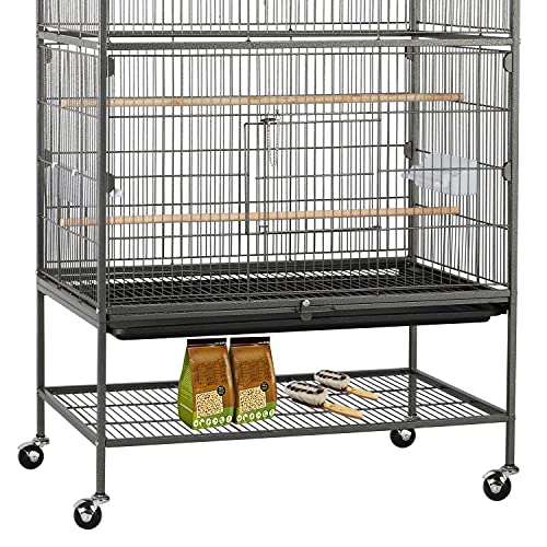 Yaheetech Vogelvoliere großer Vogelkäfig mit 2 Türen Vogelhaus mit Holzstangen und 4 Rollen mit schmutzwanneneinsatz 52 x 79 x 131 cm